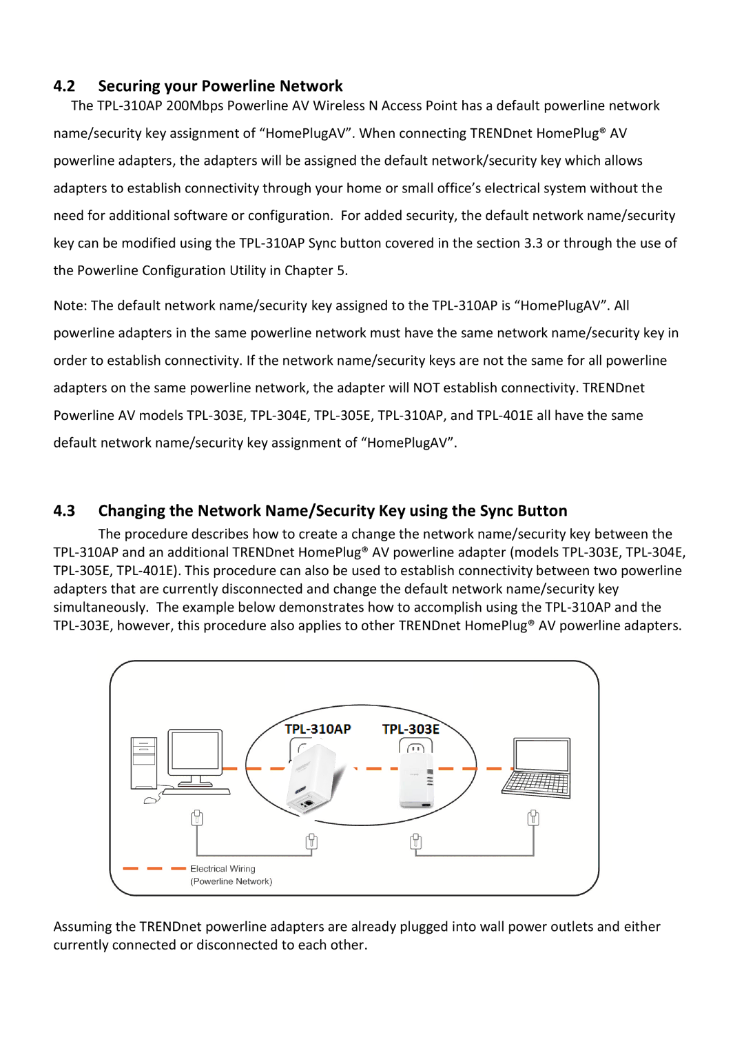 TRENDnet TPL310AP manual Securing your Powerline Network, Changing the Network Name/Security Key using the Sync Button 