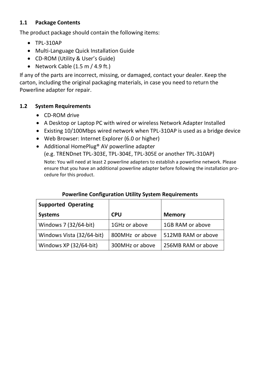 TRENDnet TPL310AP manual Package Contents, System Requirements, Memory 