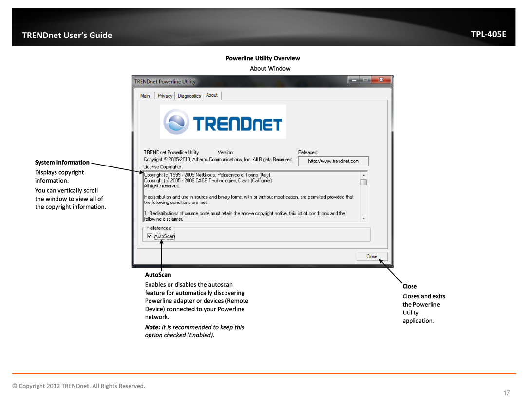 TRENDnet TPL405E manual AutoScan, TRENDnet User’s Guide, TPL-405E, System Information, Powerline Utility Overview, Close 