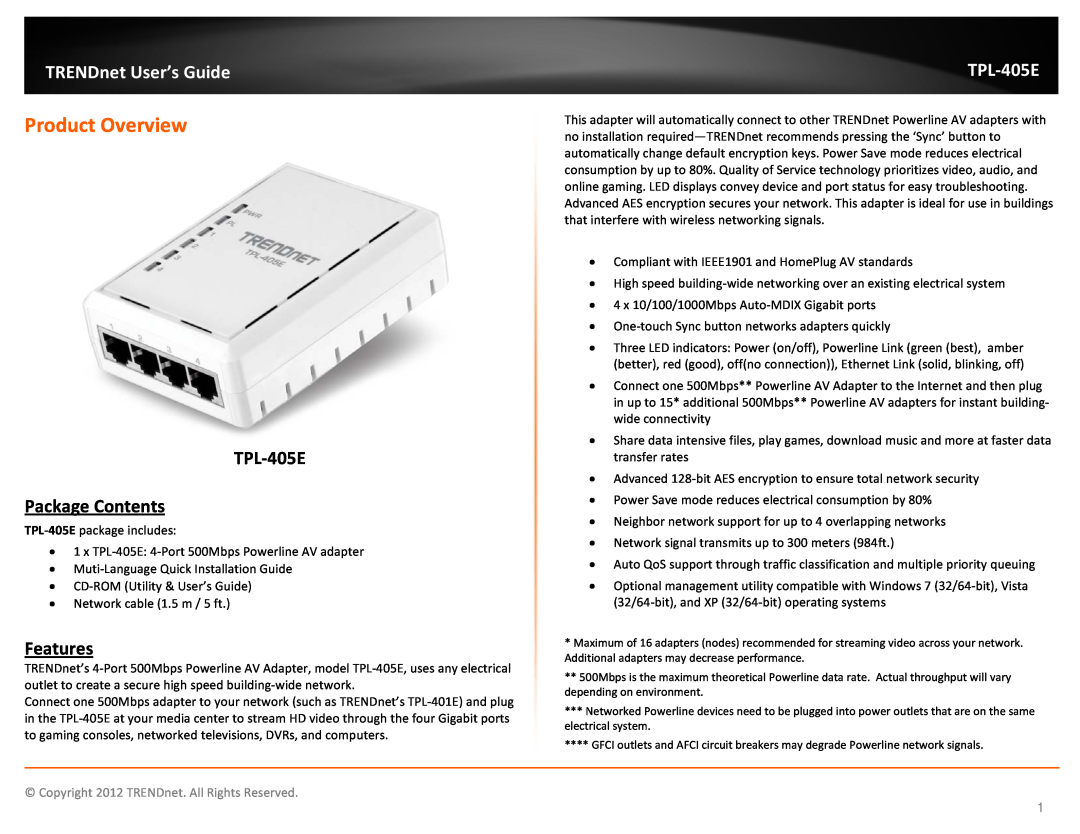TRENDnet TPL405E manual Product Overview, TPL-405E Package Contents, Features, TRENDnet User’s Guide 