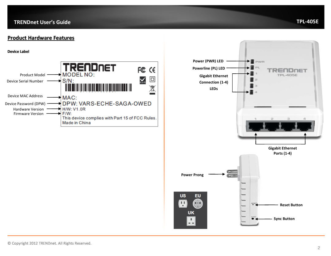 TRENDnet TPL405E Product Hardware Features, Device Label, Power PWR LED Powerline PL LED Gigabit Ethernet Connection LEDs 