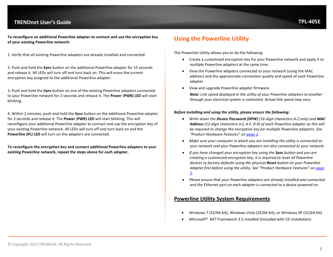 TRENDnet TPL405E manual Using the Powerline Utility, Powerline Utility System Requirements 