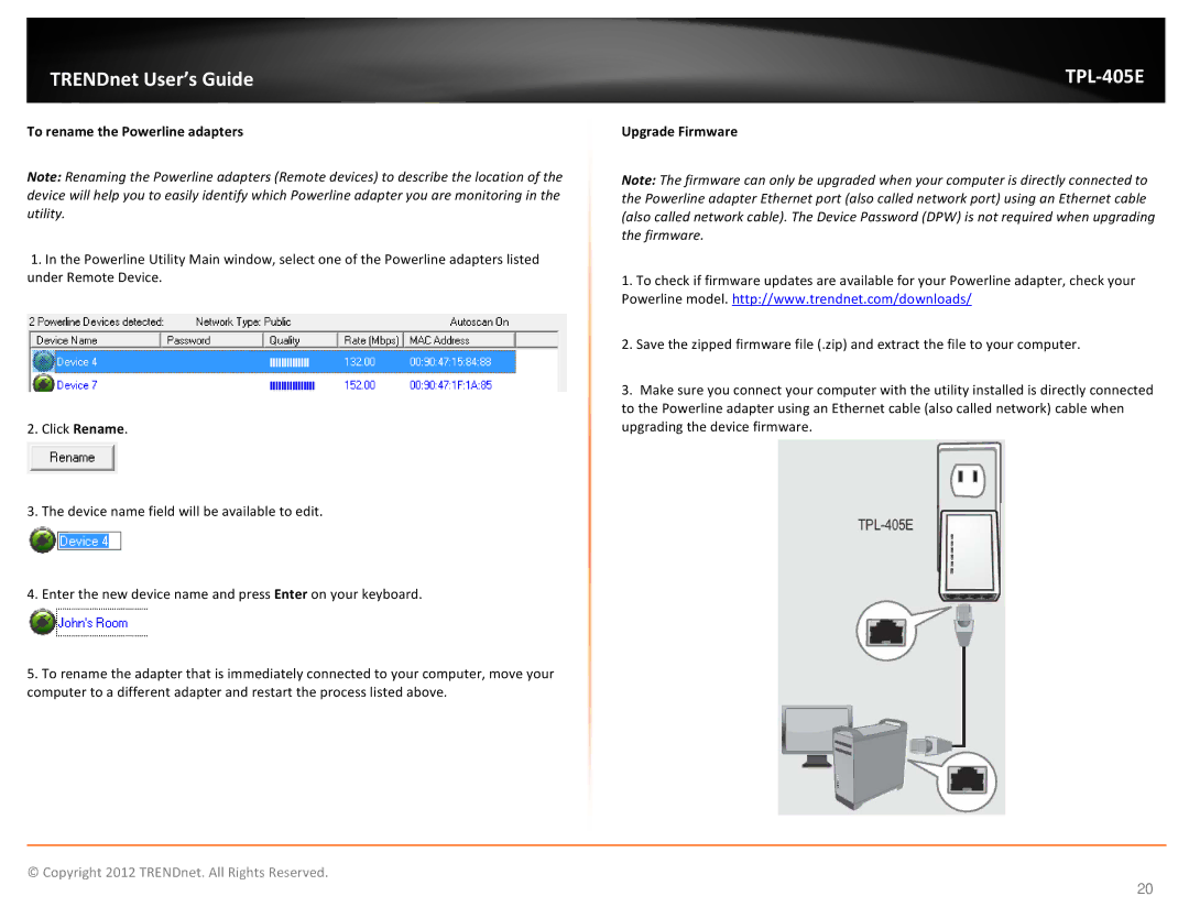 TRENDnet TPL405E manual To rename the Powerline adapters, Upgrade Firmware 