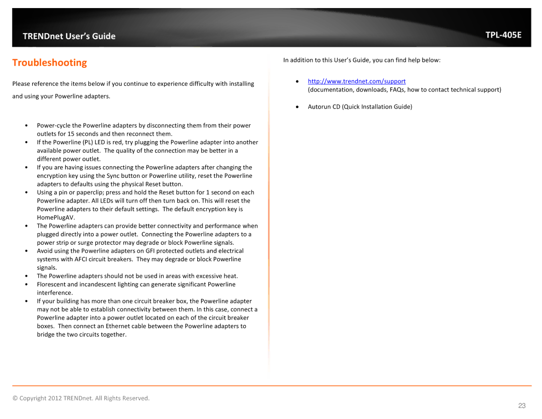 TRENDnet TPL405E manual Troubleshooting 