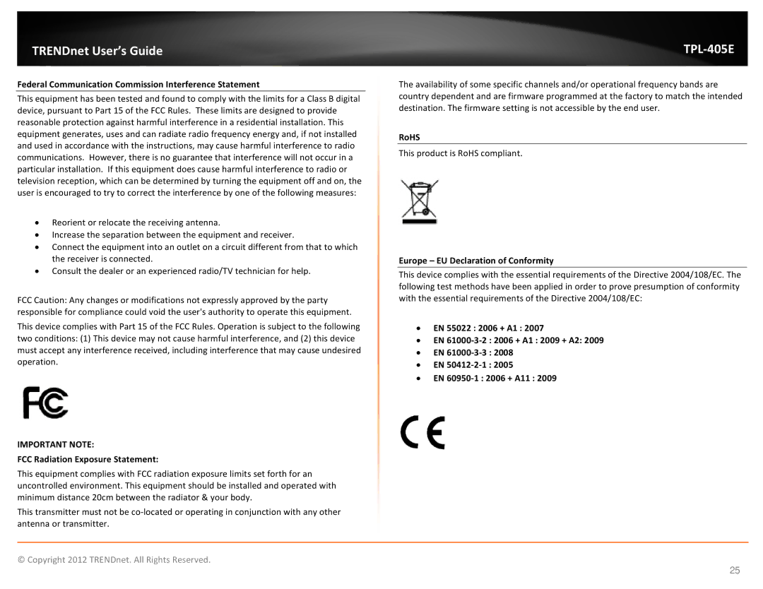 TRENDnet TPL405E manual Federal Communication Commission Interference Statement, FCC Radiation Exposure Statement, RoHS 