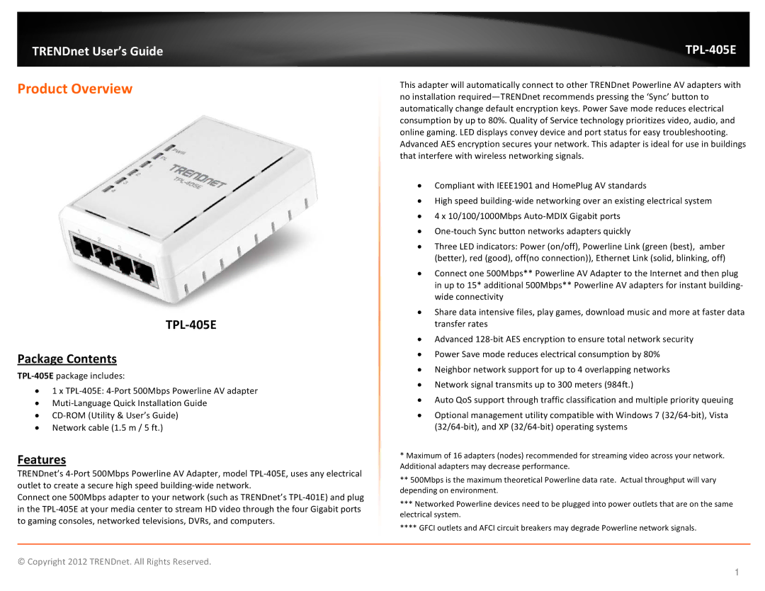 TRENDnet TPL405E manual Product Overview, TPL-405E Package Contents, Features 