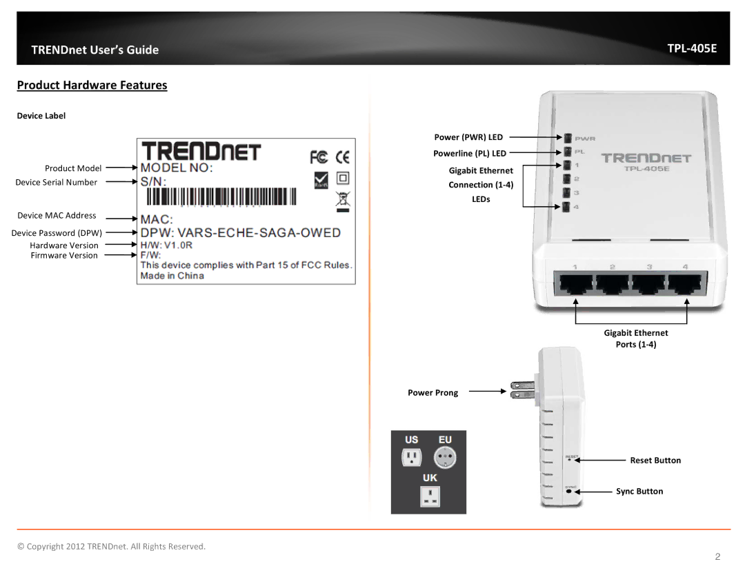 TRENDnet TPL405E manual Product Hardware Features, Device Label 