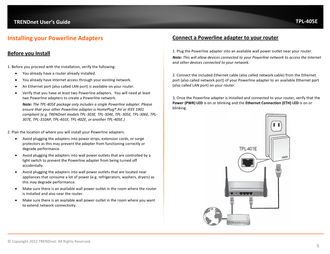 TRENDnet TPL405E manual Installing your Powerline Adapters, Before you Install, Connect a Powerline adapter to your router 