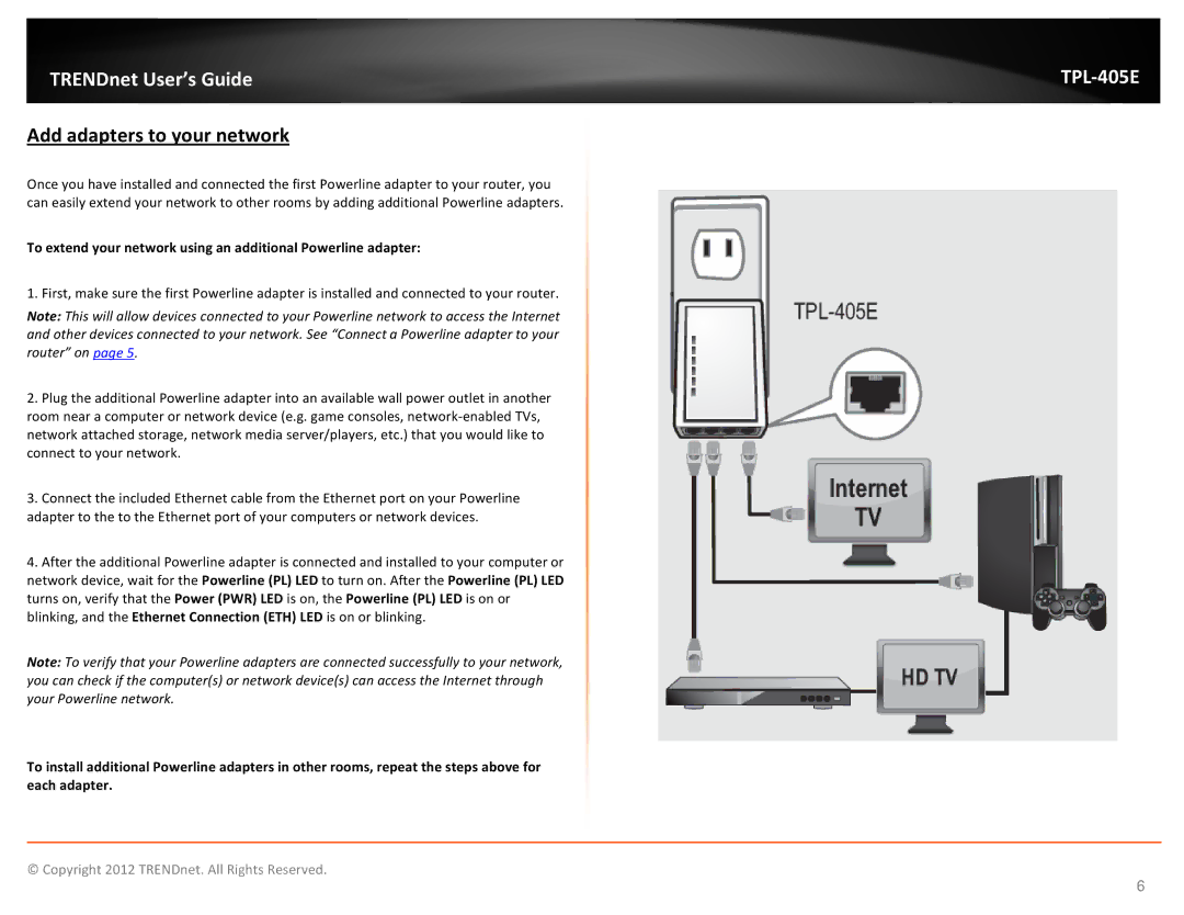 TRENDnet TPL405E manual Add adapters to your network, To extend your network using an additional Powerline adapter 