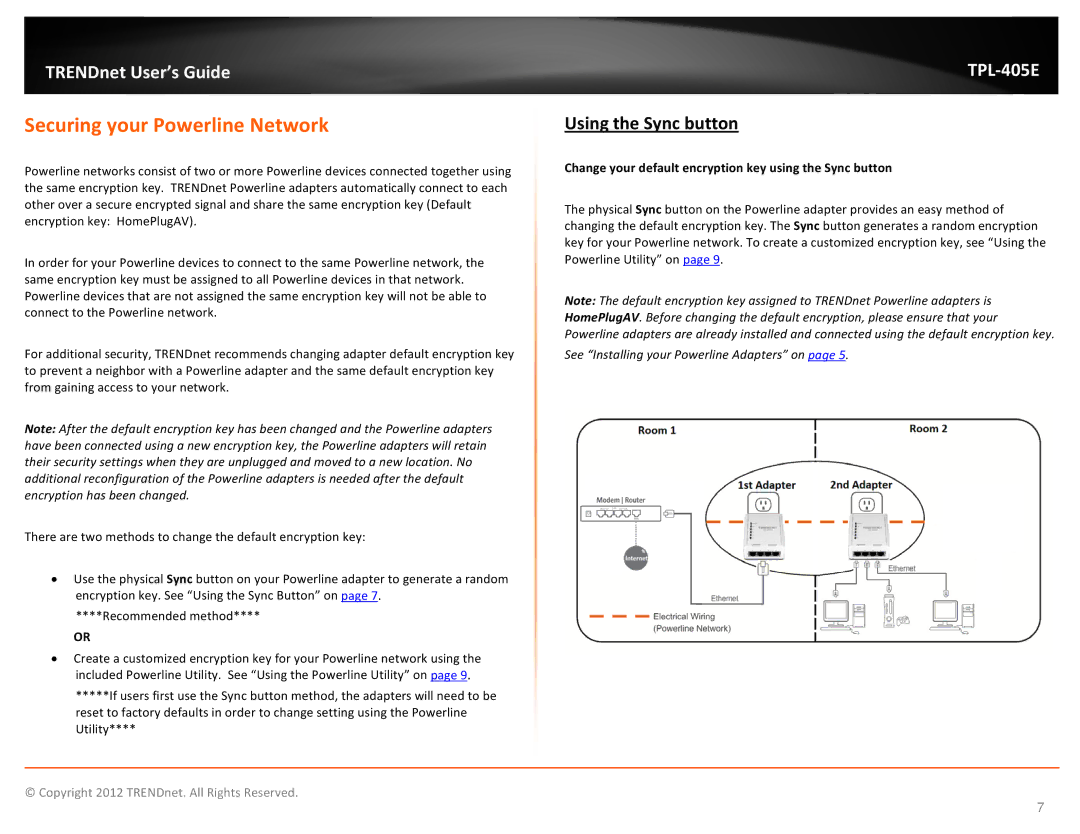 TRENDnet TPL405E manual Securing your Powerline Network, Using the Sync button 