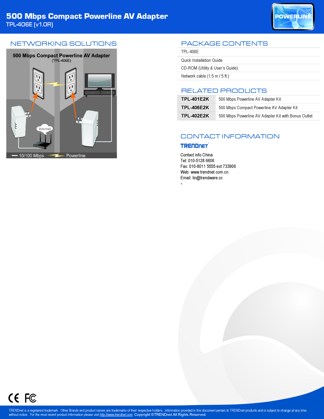 TRENDnet TPL406E manual Networking Solutions Package Contents, Related Products, Contact Information 