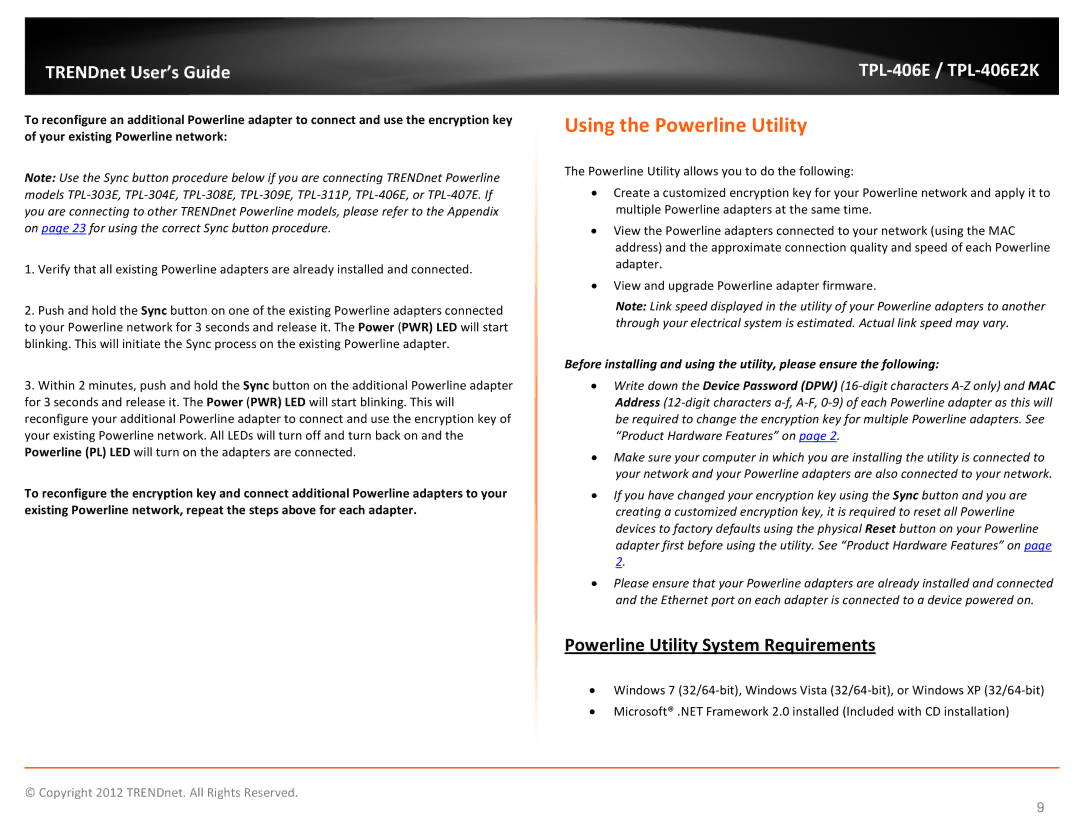 TRENDnet TPL406E2K manual Using the Powerline Utility, Powerline Utility System Requirements 