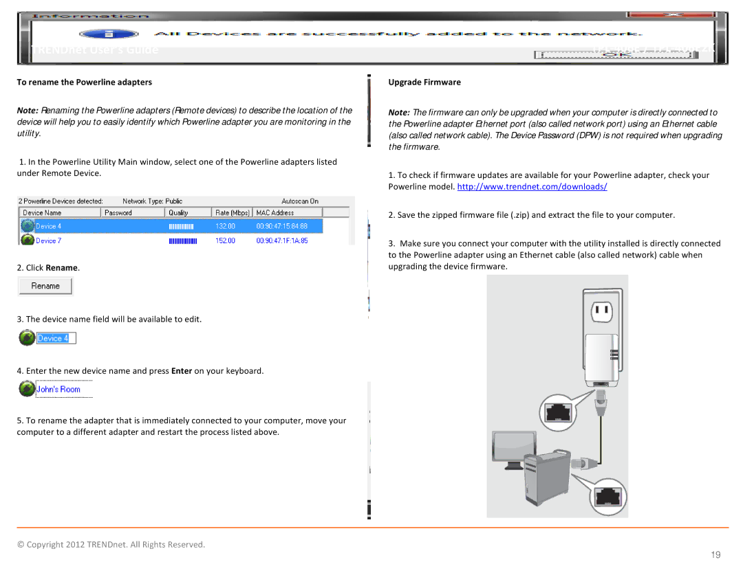 TRENDnet TPL406E2K manual To rename the Powerline adapters, Upgrade Firmware 