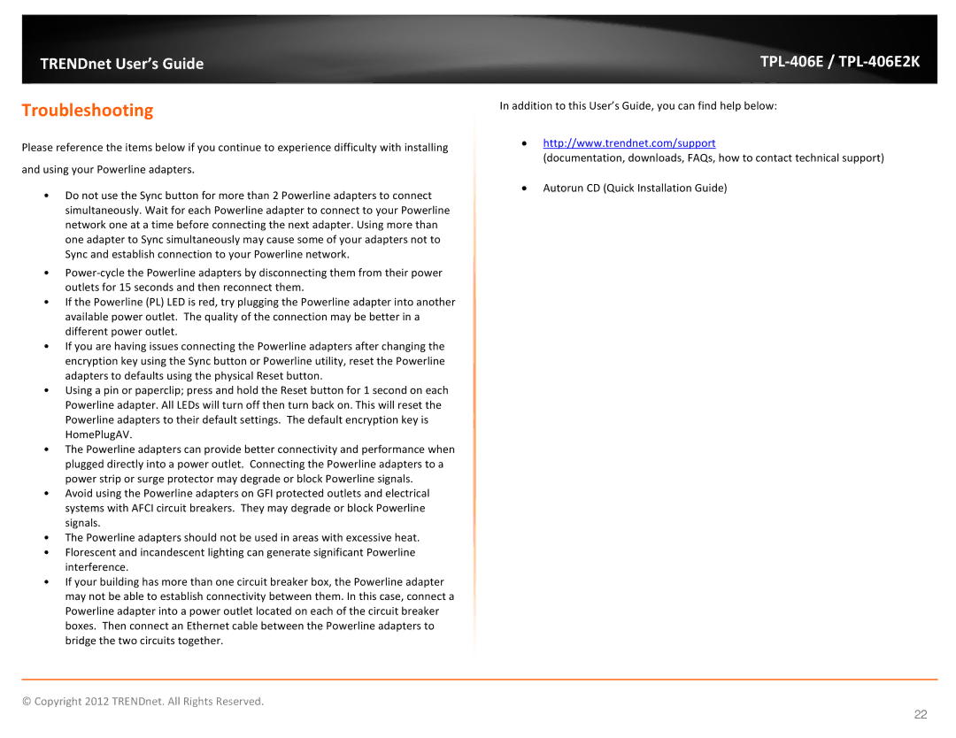 TRENDnet TPL406E2K manual Troubleshooting 
