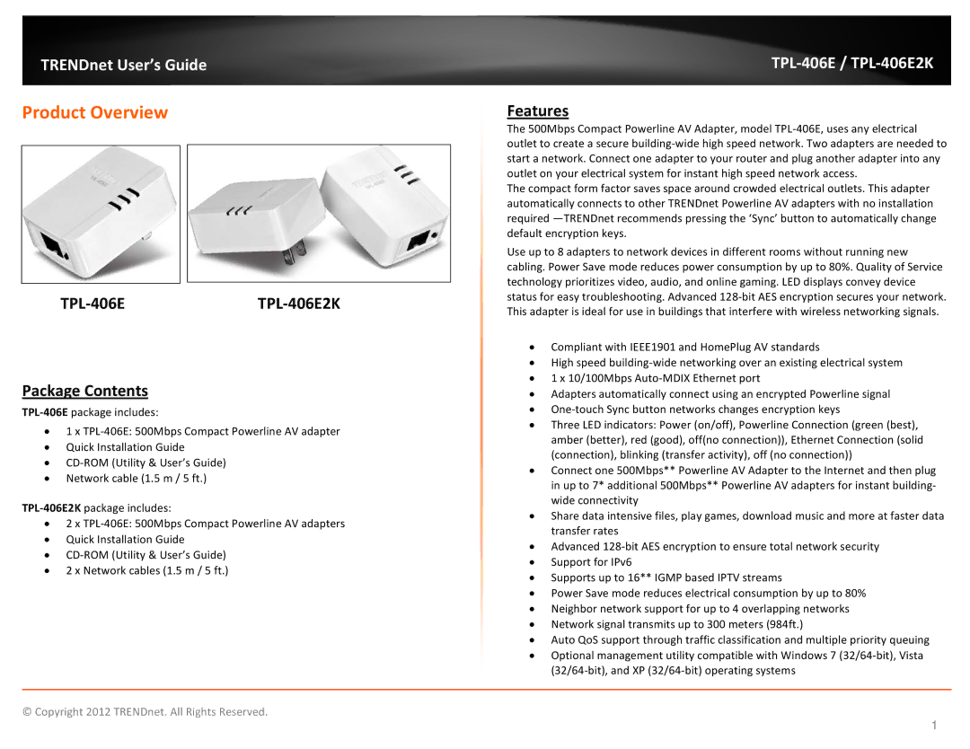 TRENDnet TPL406E2K manual Product Overview, TPL-406ETPL-406E2K Package Contents, Features 