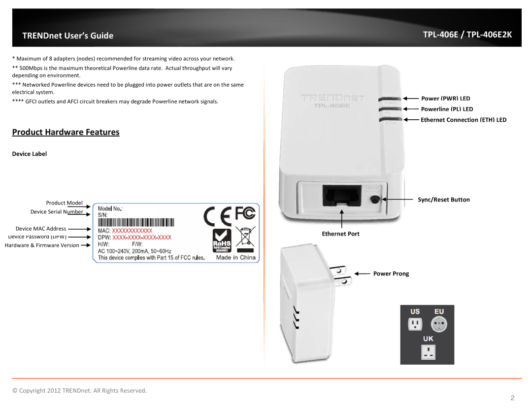 TRENDnet TPL406E2K manual Product Hardware Features, Device Label, Ethernet Port 