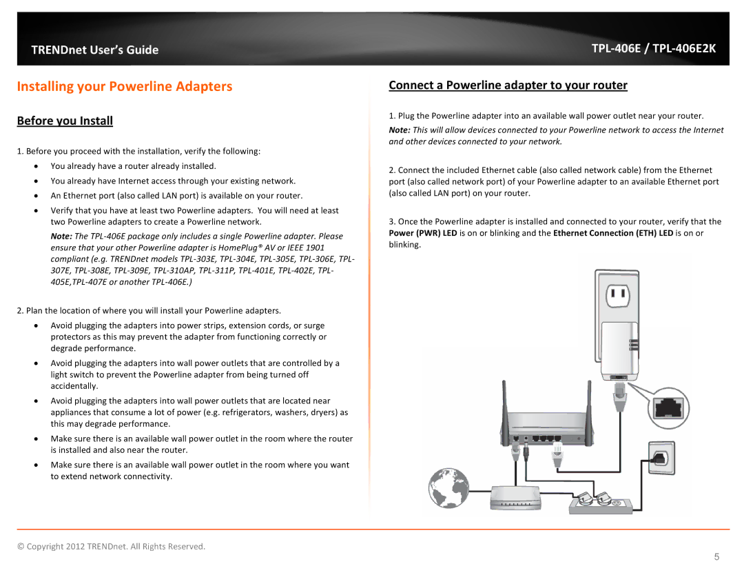 TRENDnet TPL406E2K Installing your Powerline Adapters, Before you Install, Connect a Powerline adapter to your router 