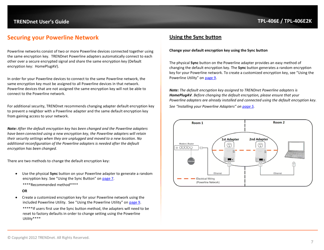 TRENDnet TPL406E2K manual Securing your Powerline Network, Using the Sync button 