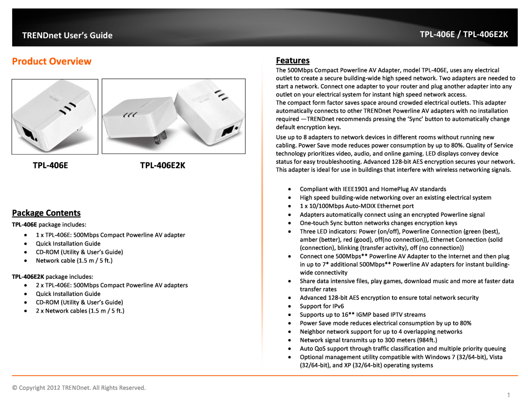 TRENDnet TPL406E2K manual Product Overview, TPL-406ETPL-406E2K Package Contents, TPL-406E / TPL-406E2K, Features 