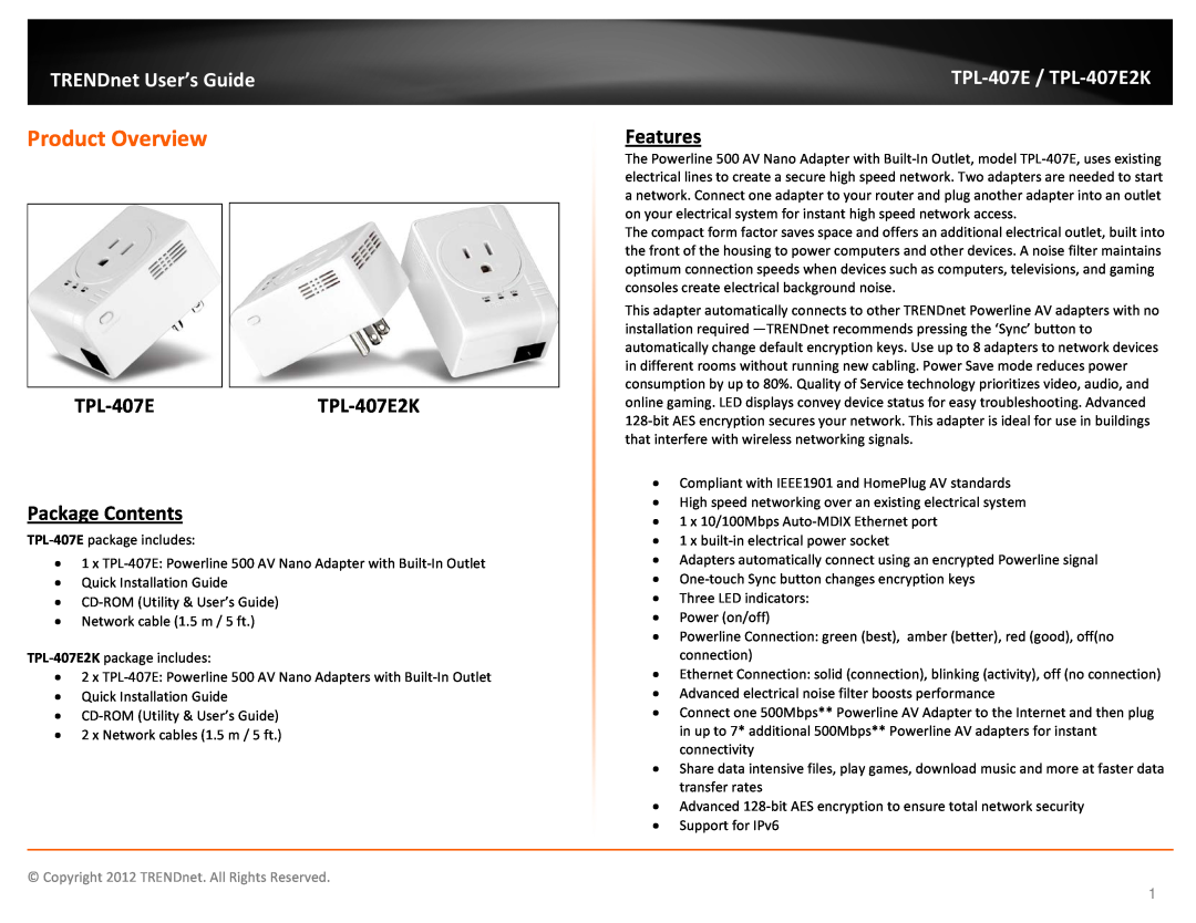 TRENDnet TPL407E2K manual Product Overview, TPL-407ETPL-407E2K Package Contents, TPL-407E / TPL-407E2K, Features 