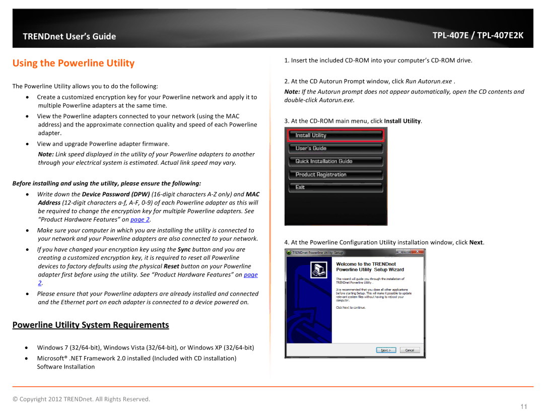 TRENDnet TPL407E2K manual Using the Powerline Utility, Powerline Utility System Requirements 