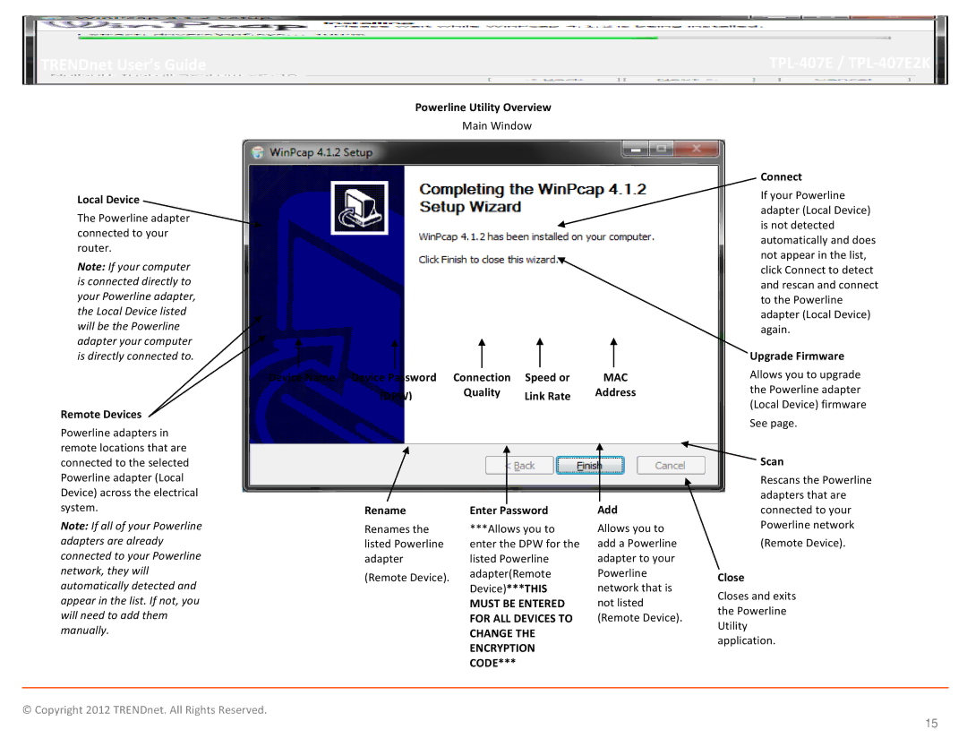 TRENDnet TPL407E2K Powerline Utility Overview, Local Device, Remote Devices, Quality Link Rate Rename Enter Password, See 