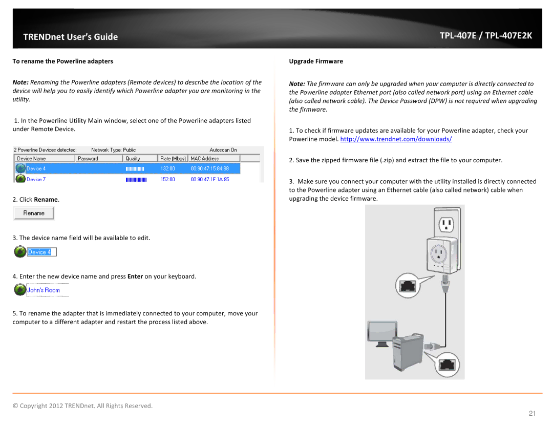 TRENDnet TPL407E2K manual To rename the Powerline adapters, Upgrade Firmware 