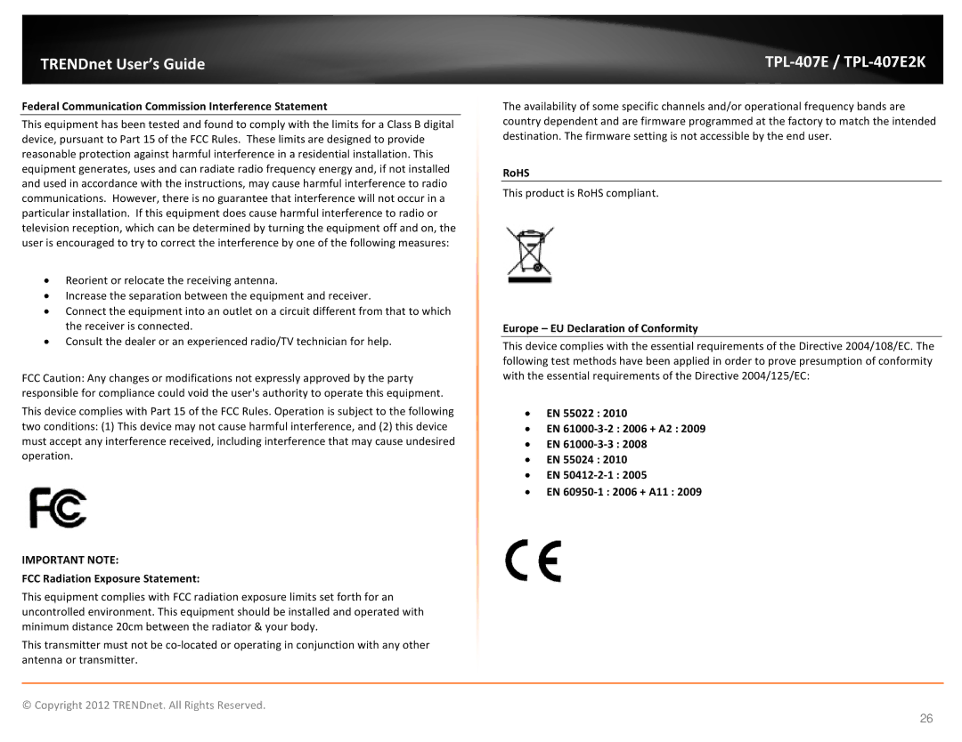 TRENDnet TPL407E2K manual Federal Communication Commission Interference Statement, FCC Radiation Exposure Statement, RoHS 