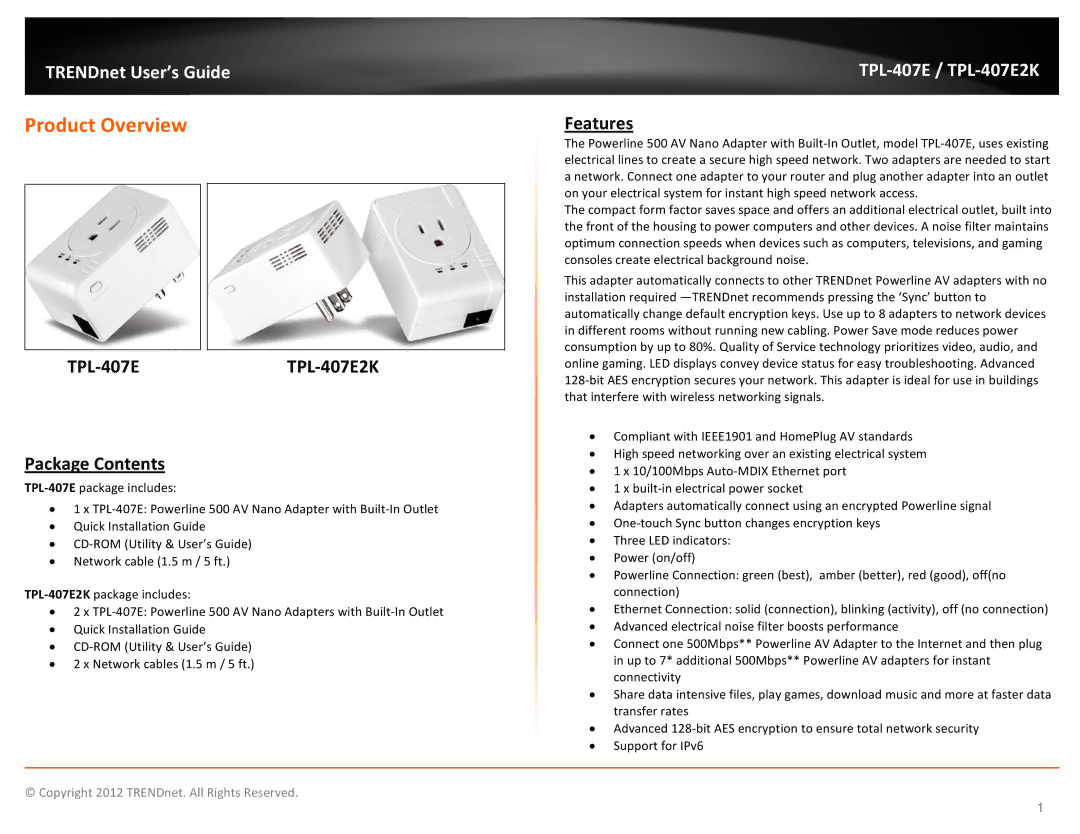 TRENDnet TPL407E2K manual Product Overview, TPL-407ETPL-407E2K Package Contents, Features 