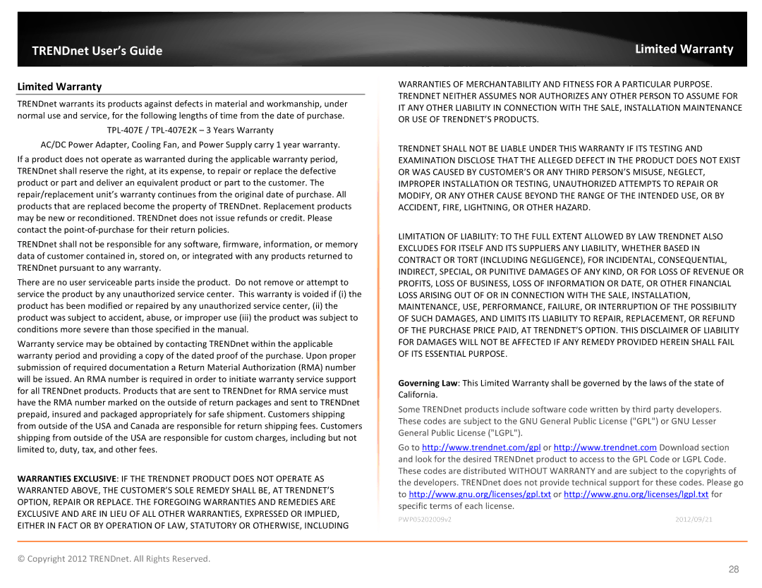 TRENDnet TPL407E2K manual Limited Warranty 
