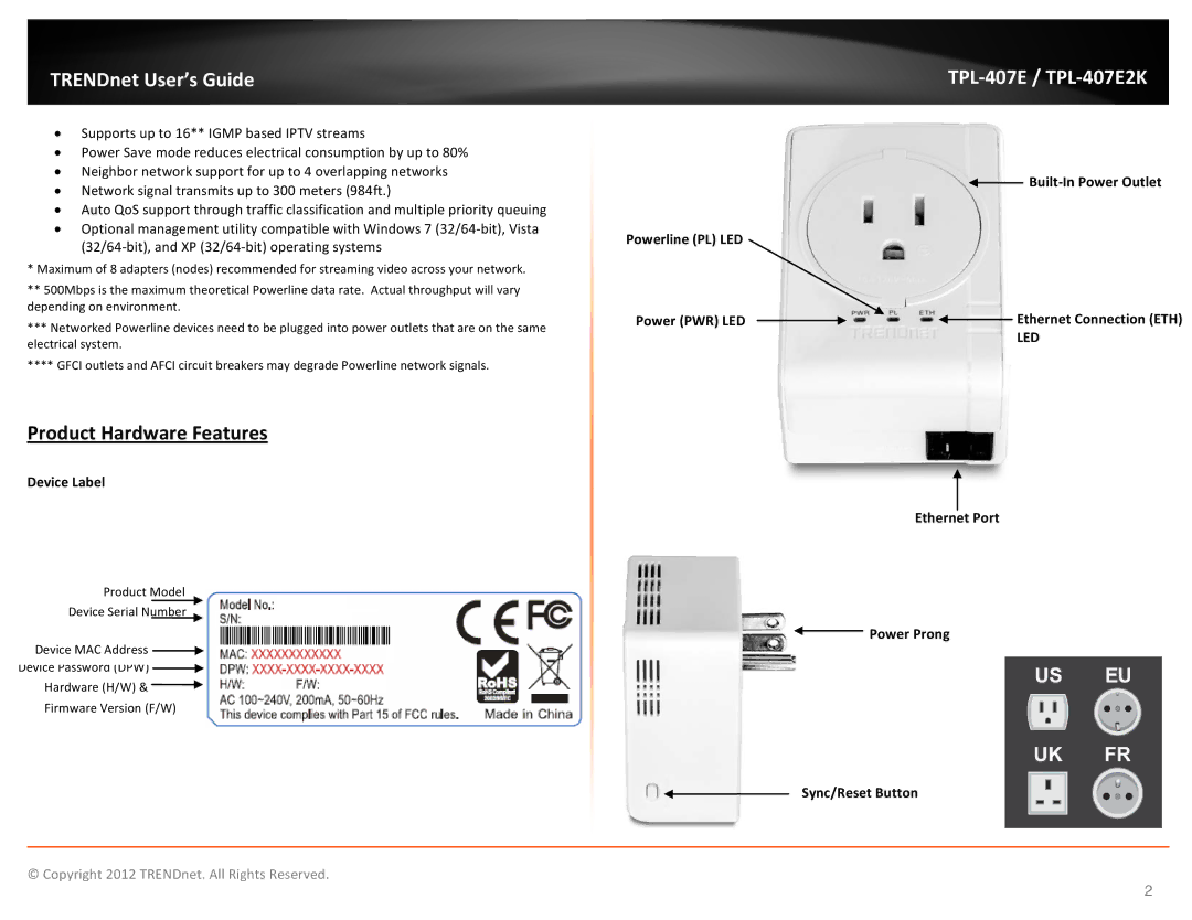 TRENDnet TPL407E2K manual Product Hardware Features, Device Label, Ethernet Port Power Prong Sync/Reset Button 