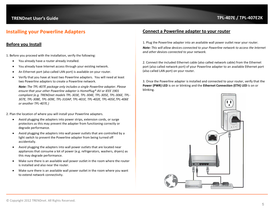 TRENDnet TPL407E2K Installing your Powerline Adapters, Before you Install, Connect a Powerline adapter to your router 