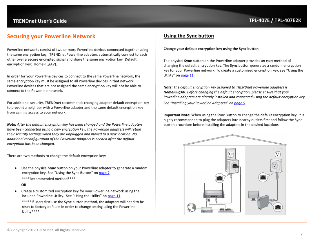 TRENDnet TPL407E2K manual Securing your Powerline Network, Using the Sync button 