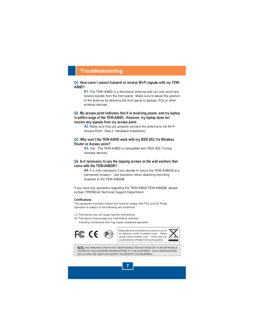 TRENDnet TRENDnet antenna, TEW-AI86DB manual Troubleshooting, Certifications 
