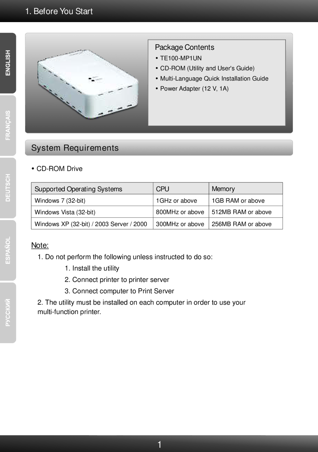 TRENDnet TE100-MP1UN V1, TRENDNET manual Before You Start, Package Contents 