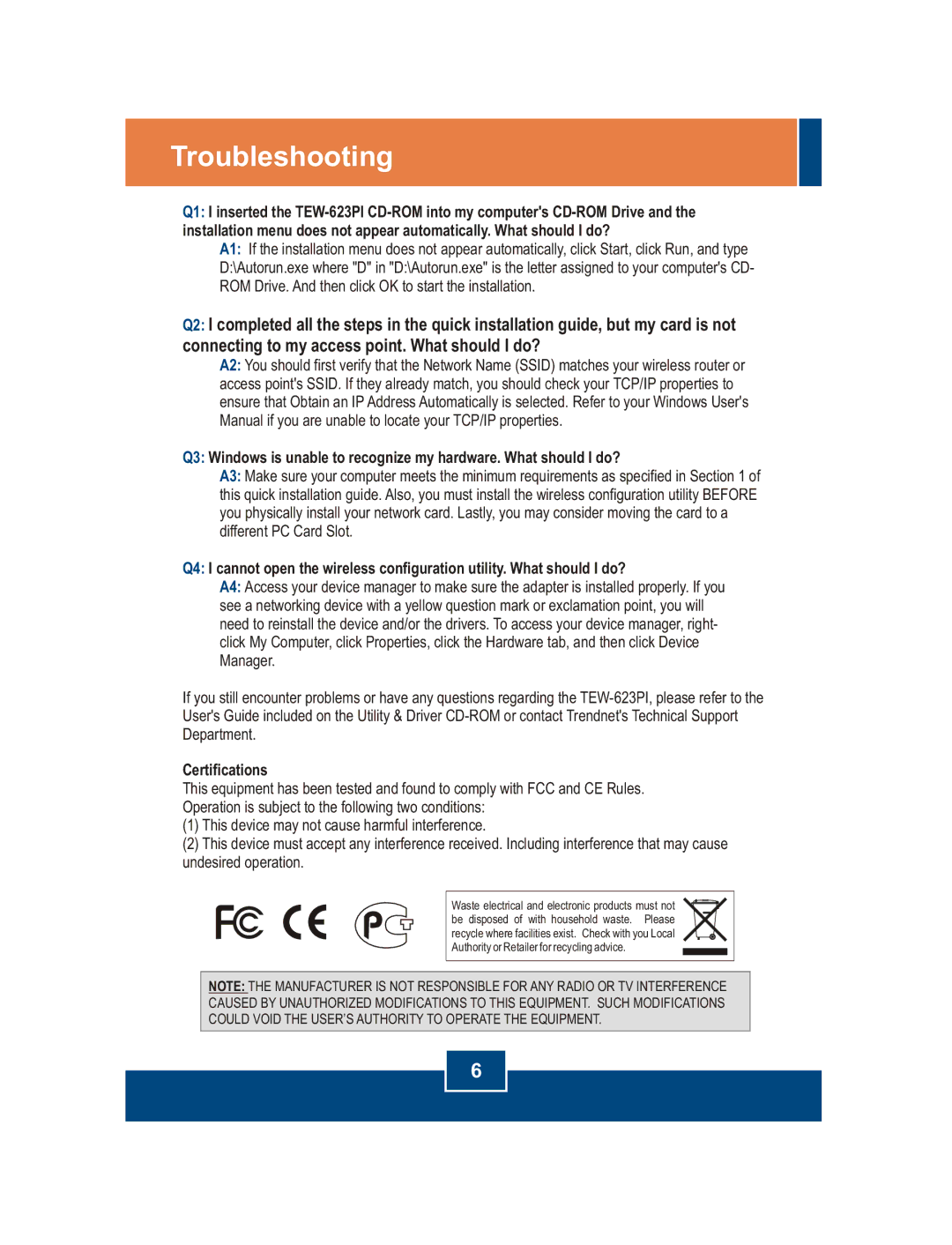 TRENDnet TRENDNET, TEW-623PI manual Troubleshooting, Certifications 