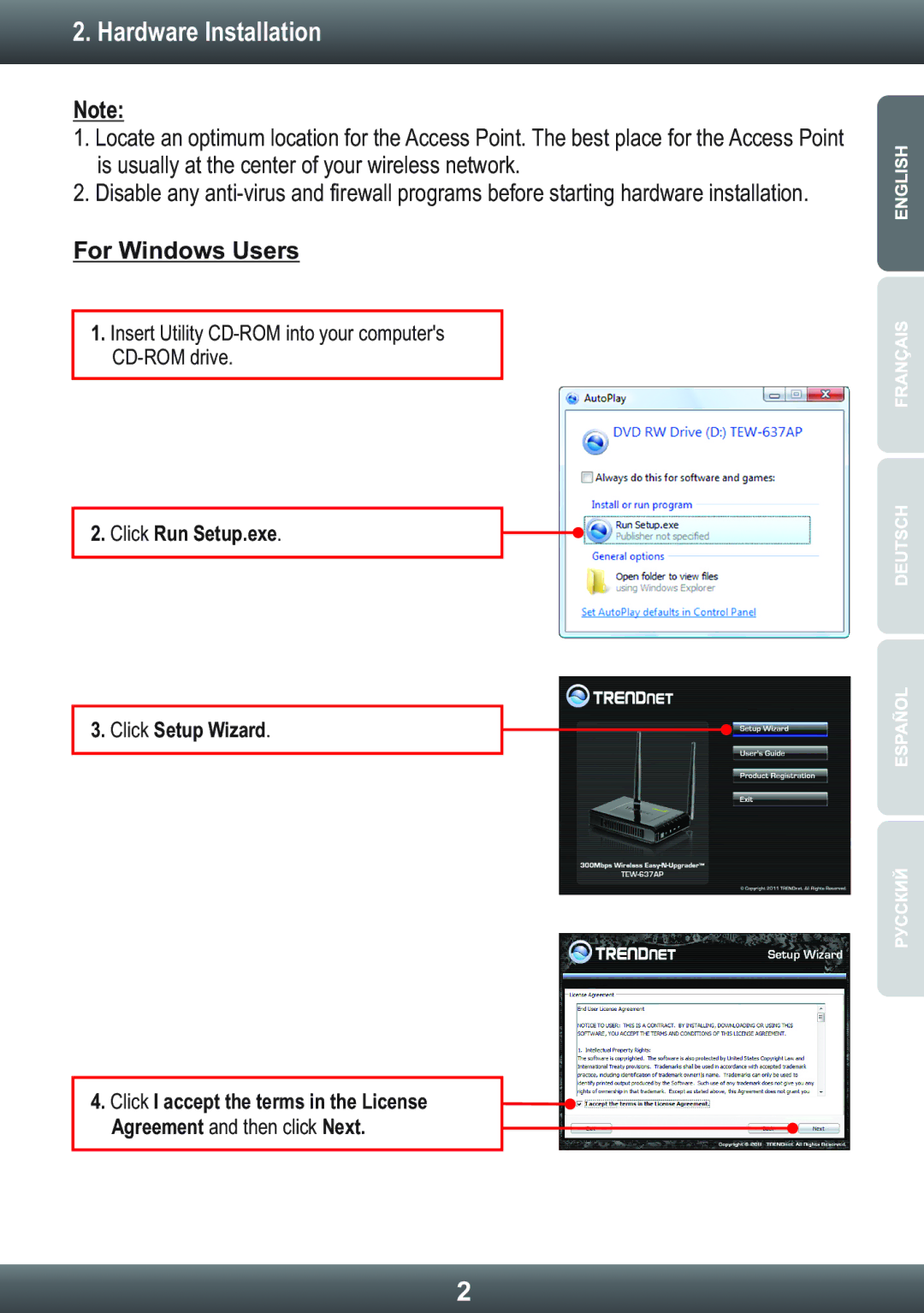 TRENDnet TRENDNET, TEW-637AP manual Hardware Installation, For Windows Users 