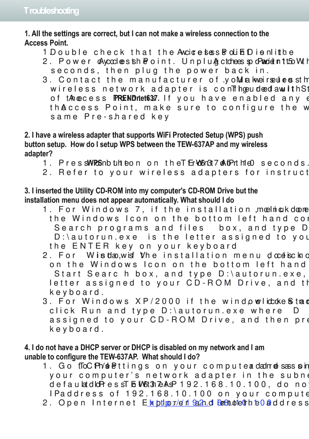 TRENDnet TEW-637AP, TRENDNET manual Troubleshooting 