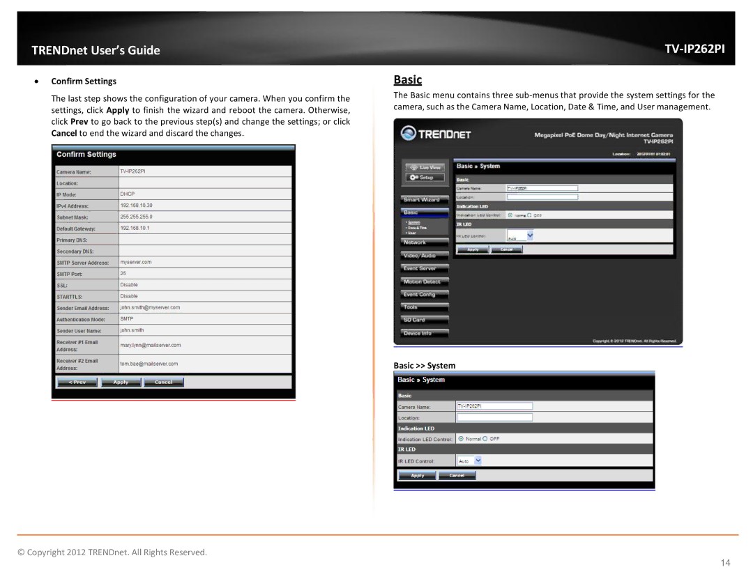 TRENDnet trendnet The Megapixel PoE Dome Internet Camera with IR manual ∙ Confirm Settings, Basic System 