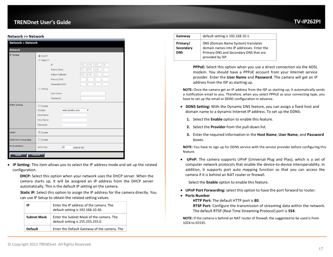 TRENDnet trendnet The Megapixel PoE Dome Internet Camera with IR manual Network Network, ∙ Ports Number 