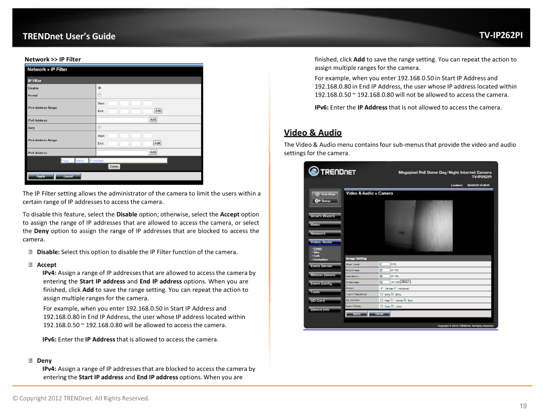 TRENDnet trendnet The Megapixel PoE Dome Internet Camera with IR manual Video & Audio, Network IP Filter, Accept, Deny 