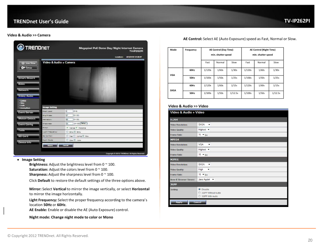 TRENDnet trendnet The Megapixel PoE Dome Internet Camera with IR manual Video & Audio Camera, ∙ Image Setting 