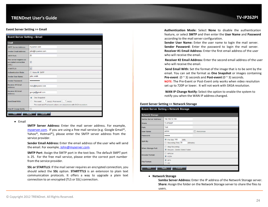 TRENDnet trendnet The Megapixel PoE Dome Internet Camera with IR manual Event Server Setting Email 