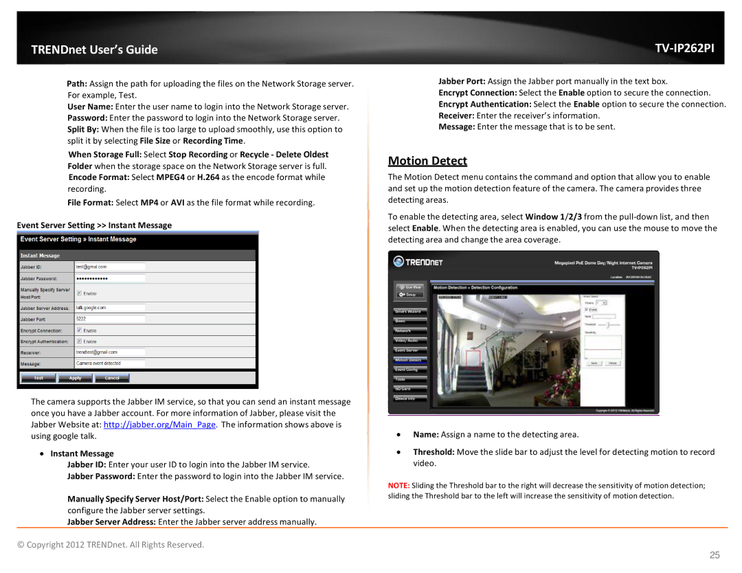 TRENDnet trendnet The Megapixel PoE Dome Internet Camera with IR manual Motion Detect, Event Server Setting Instant Message 