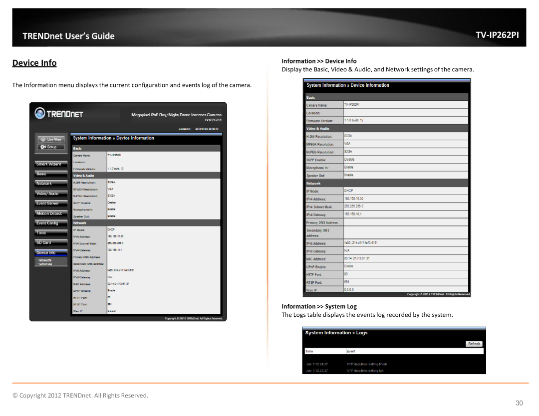 TRENDnet trendnet The Megapixel PoE Dome Internet Camera with IR manual Information Device Info, Information System Log 
