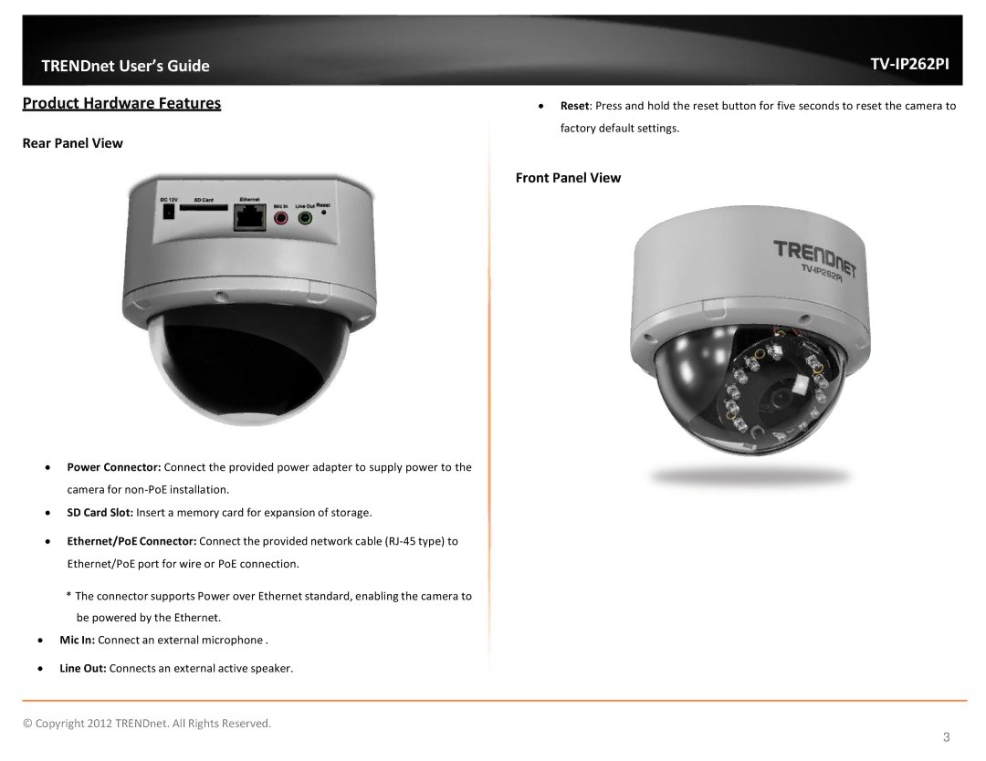 TRENDnet trendnet The Megapixel PoE Dome Internet Camera with IR manual Product Hardware Features, Rear Panel View 