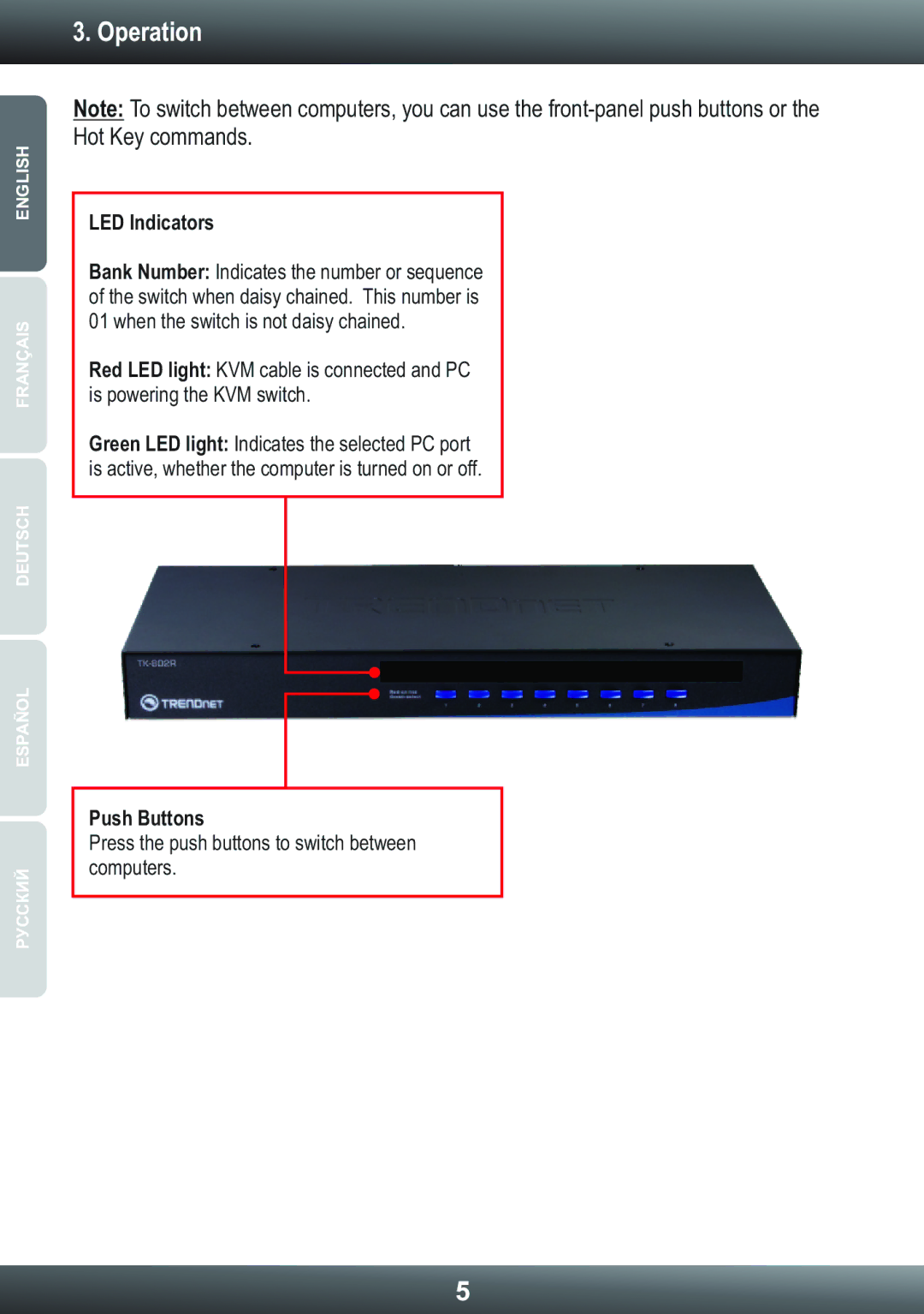 TRENDnet TK-802R, TRENDNET manual Operation, LED Indicators, Push Buttons 