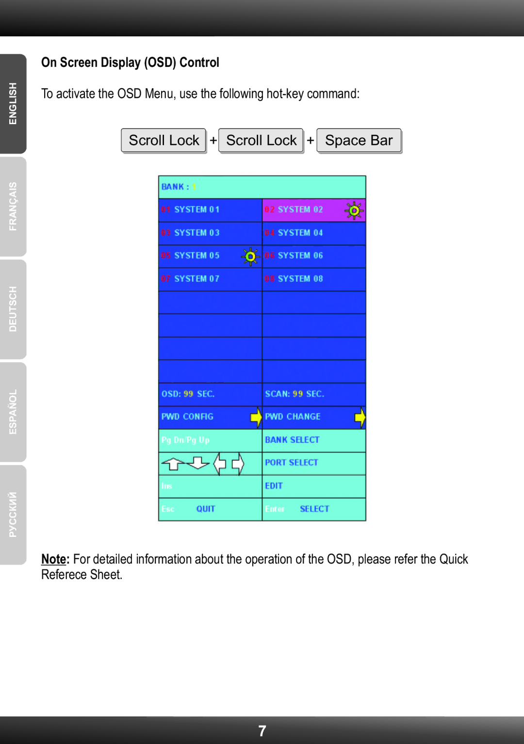 TRENDnet TK-802R, TRENDNET manual Scroll Lock + Scroll Lock + Space Bar, On Screen Display OSD Control 