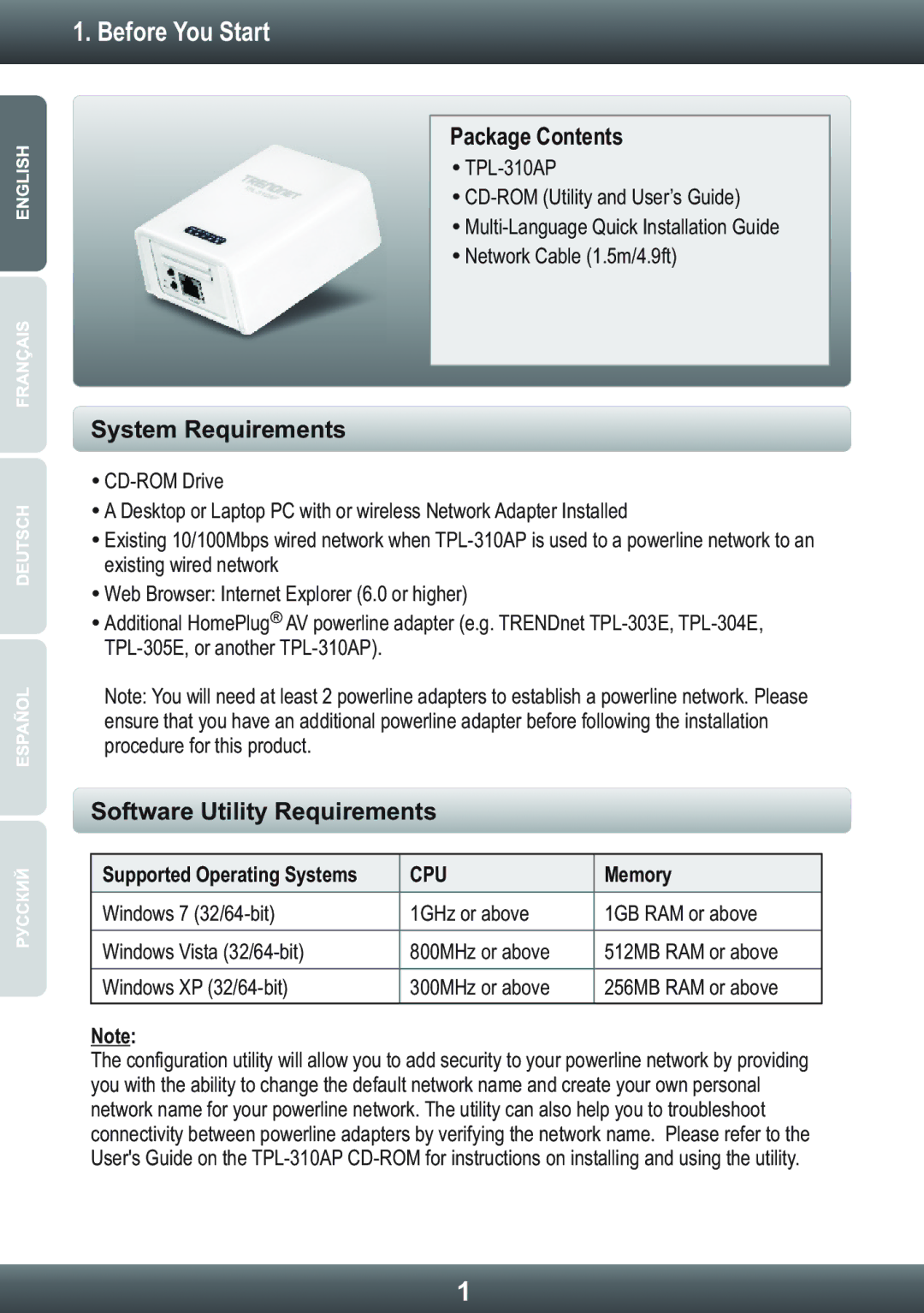 TRENDnet TPL-310AP, TRENDNET manual Before You Start, Package Contents 