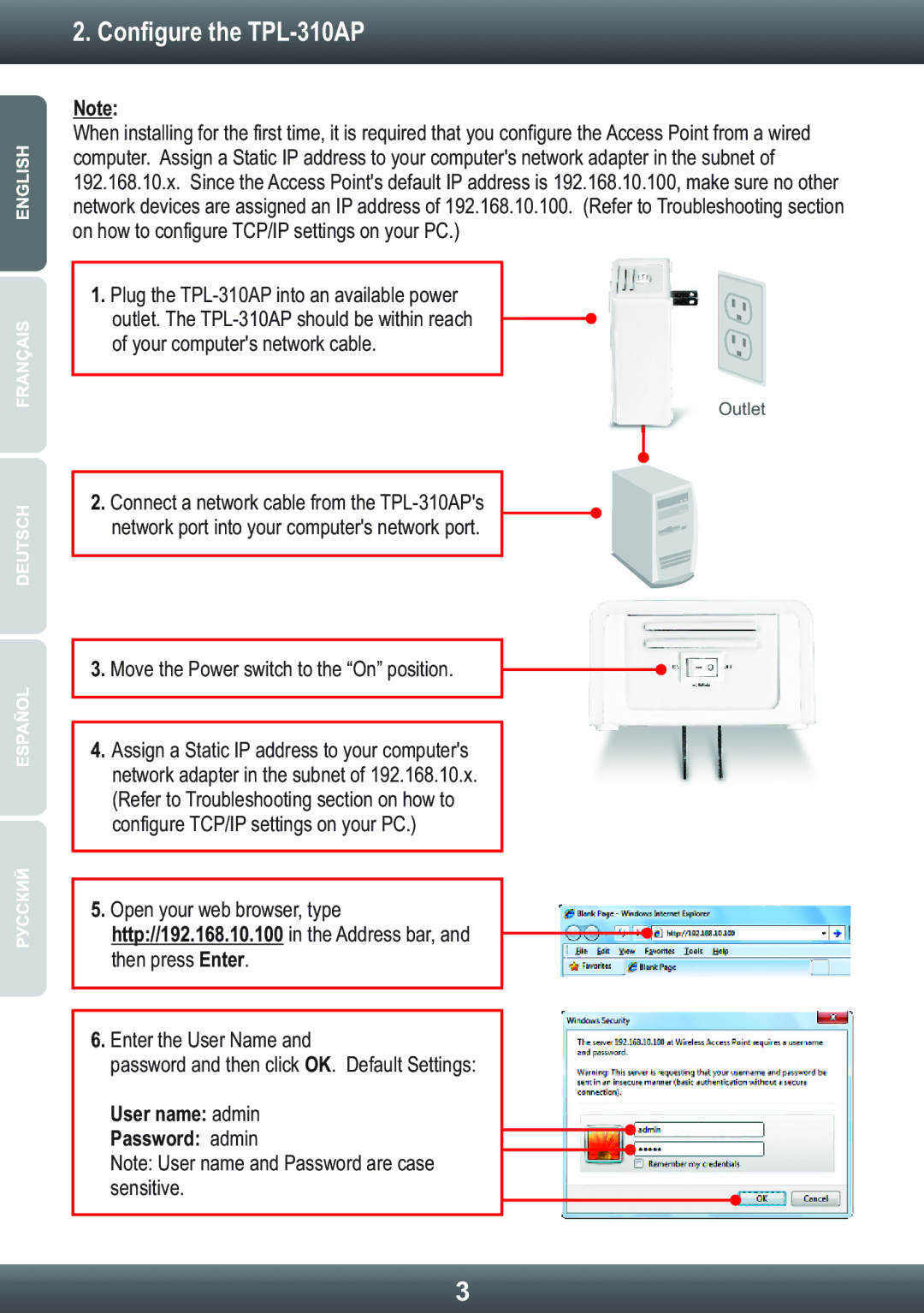 TRENDnet TRENDNET manual Configure the TPL-310AP, User name admin Password admin 